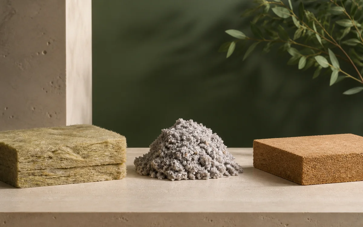 Trois familles d’isolants pour combles Échantillons de laine minérale, ouate de cellulose et fibre de bois préparés pour un chantier local