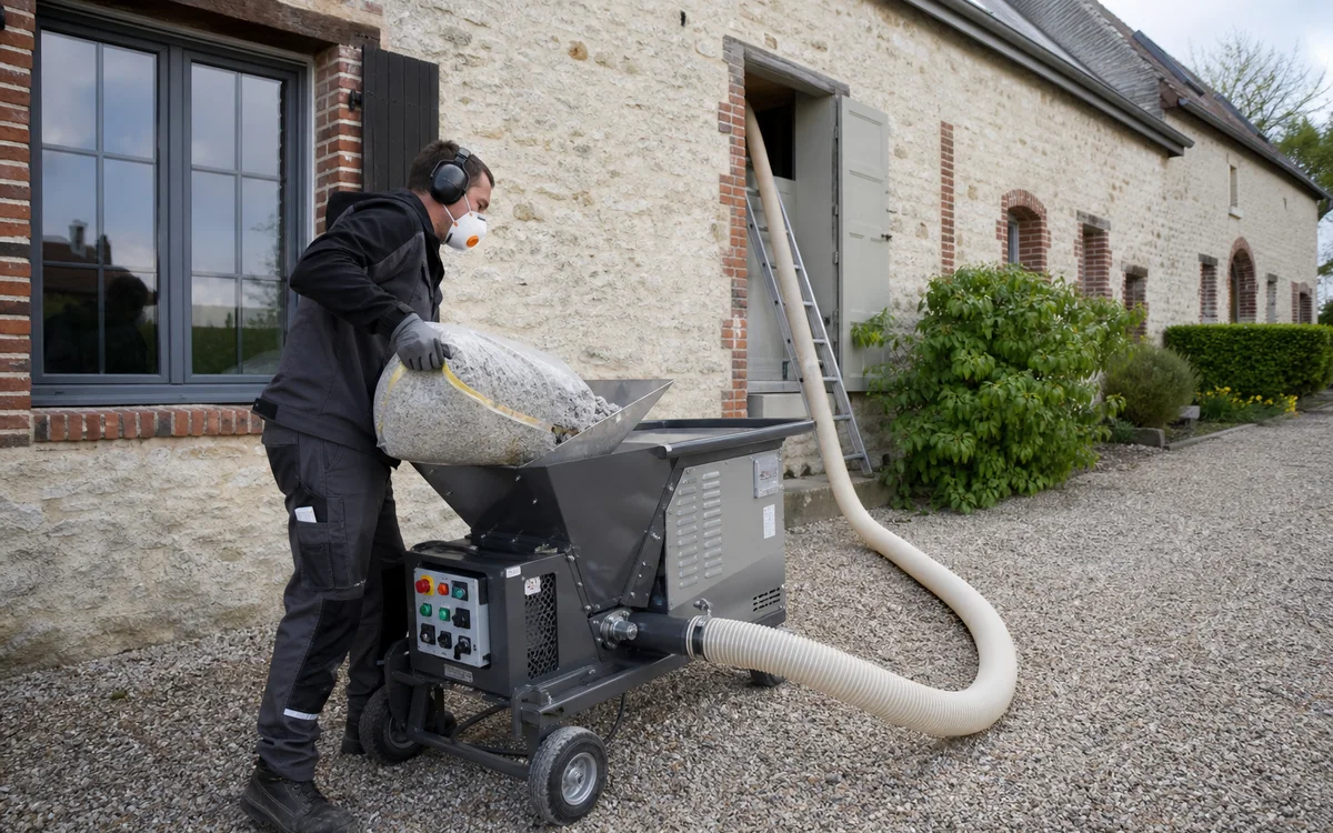 Machine de soufflage dans le Boulonnais Machine de soufflage alimentant un tuyau d’isolant vers des combles perdus du Boulonnais